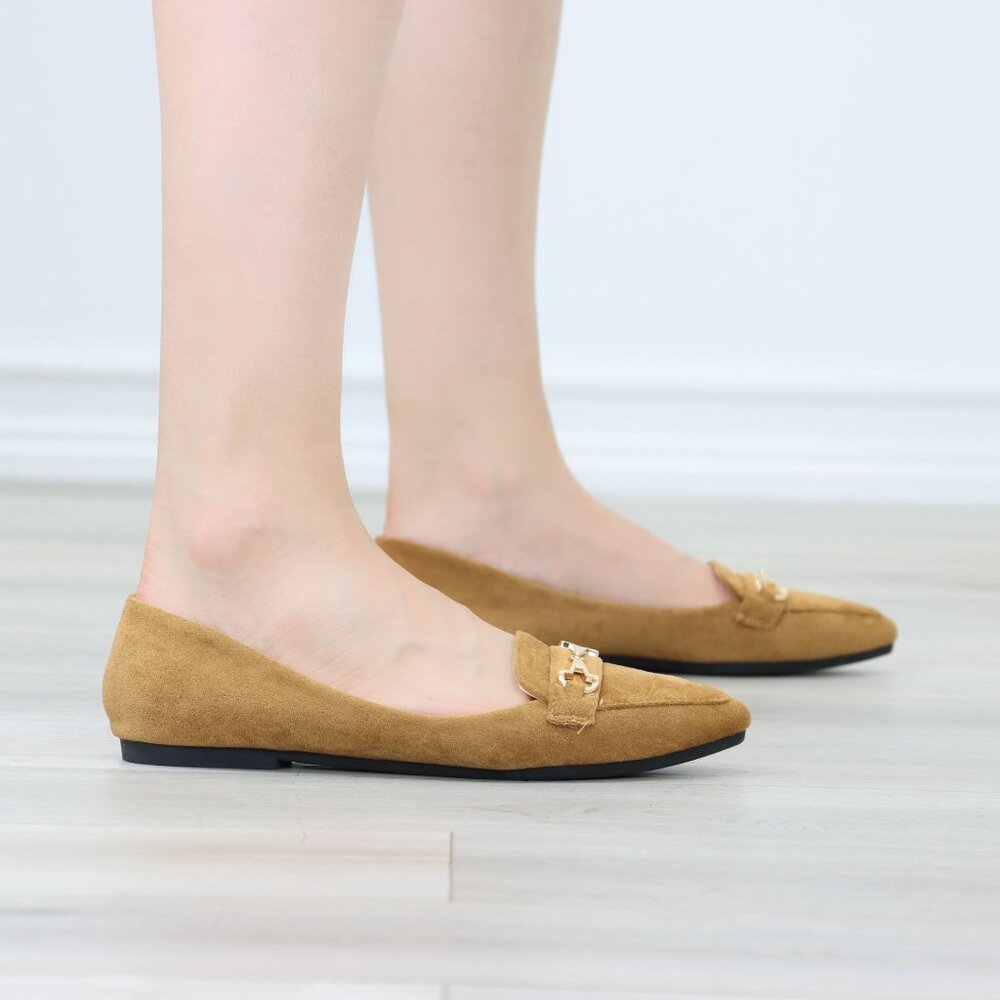 Tan Faux Suede Loafers Pointed Toe Gold Horsebit Slip-On Flats - Picture 11 of 13